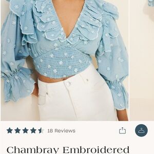 Free People Chambray Embroidered Ruffle Crop Blouse - Light Blue